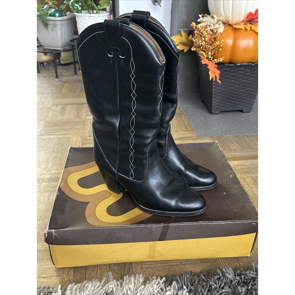 Vtg 80s Hanna Womens Black Leather Heeled Boots Size 9 B Canada